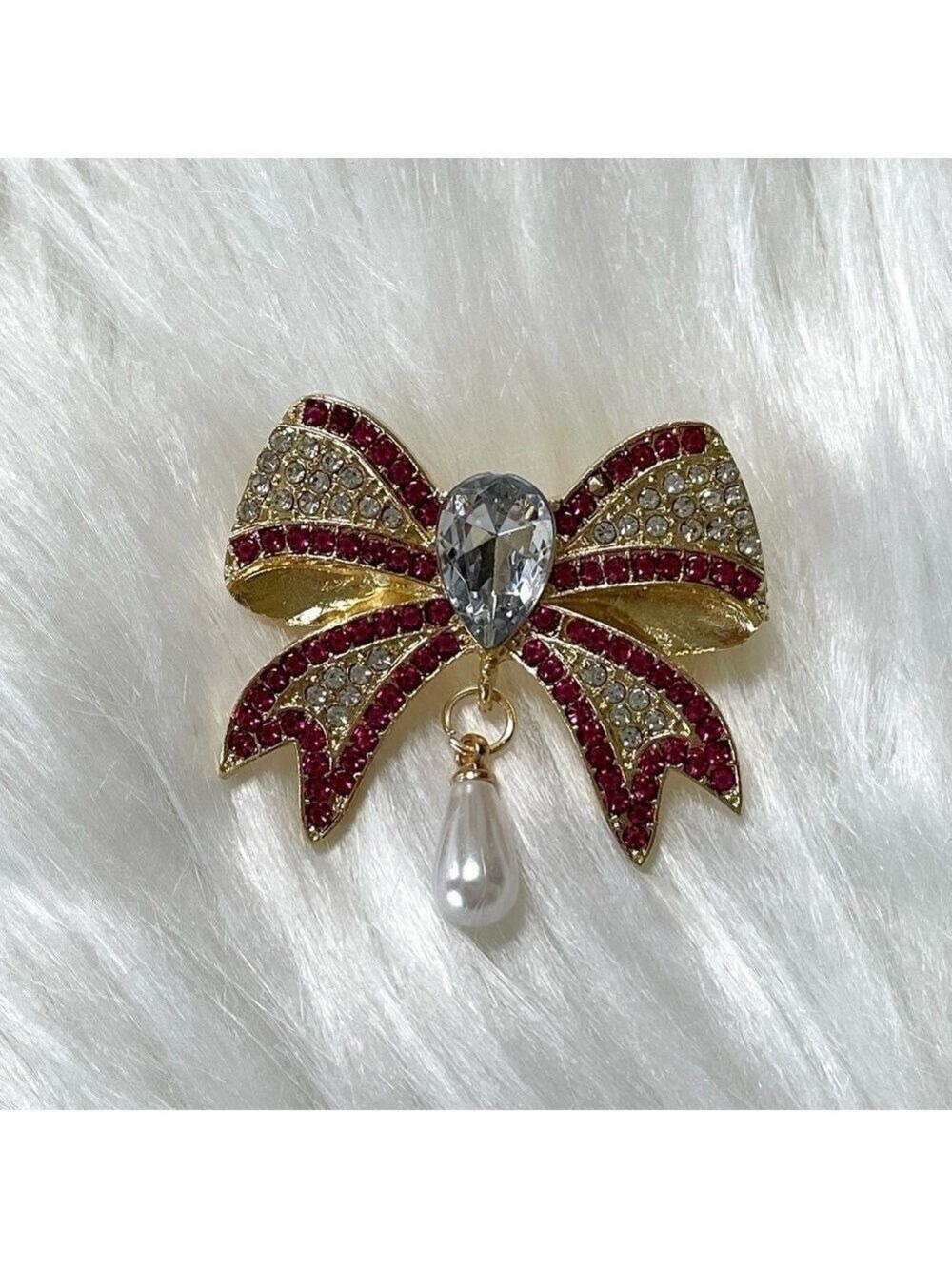 Bow Brooch Gold Tone Pink and Clear Crystals Pearl Drop - Picture 5 of 5